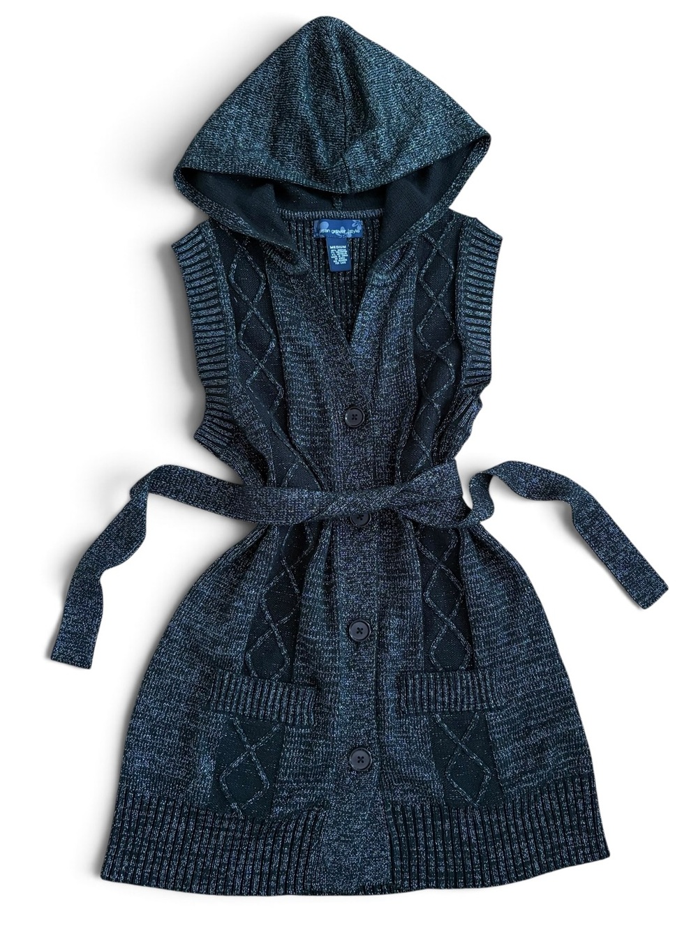 Y2K Black Metallic Knit Belted Hooded Sweater Dress Sleeveless
